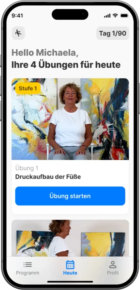 OsteoCoach Startbildschirm: „Ihre 4 Übungen für heute“ mit Video der Übung „Druckaufbau der Füße“, Tag 1 von 90