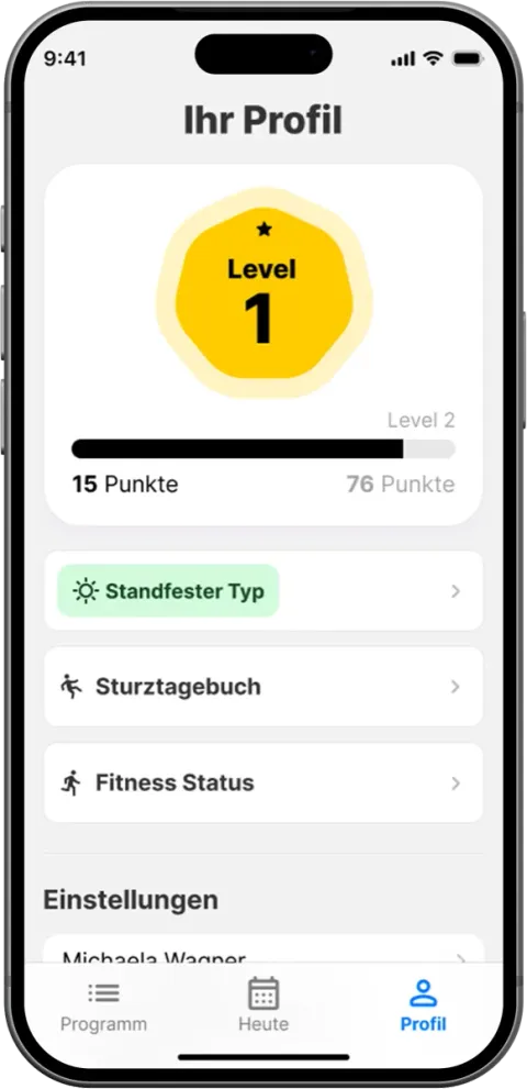 OsteoCoach Profilseite mit Level 1, Punktestand, Sturztagebuch und Fitness-Status