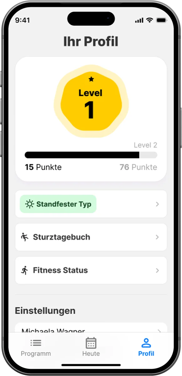 OsteoCoach Profilseite mit Level 1, Punktestand, Sturztagebuch und Fitness-Status