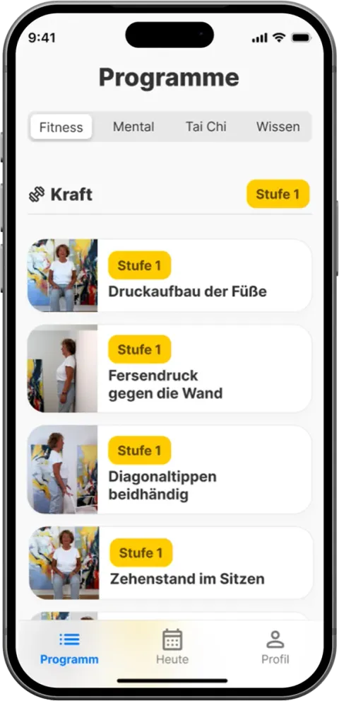 OsteoCoach Programmübersicht mit den Bereichen Fitness, Mental, Tai Chi und Wissen sowie Kraftübungen in Stufe 1