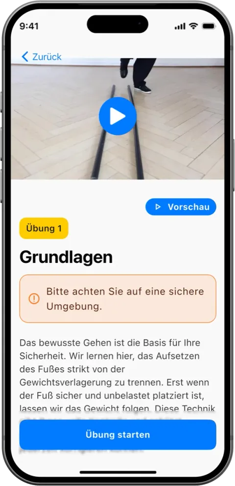 OsteoCoach Tai-Chi-Lektion „Grundlagen“ mit Übungsvideo und dem Hinweis, auf eine sichere Umgebung zu achten
