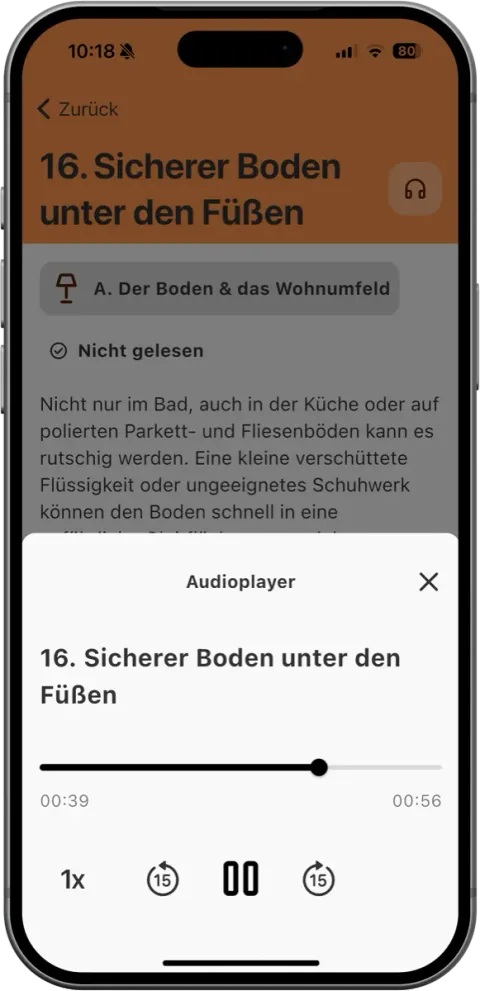 OsteoCoach Wissenslektion „Sicherer Boden unter den Füßen“ mit geöffnetem Audioplayer zum Vorlesen
