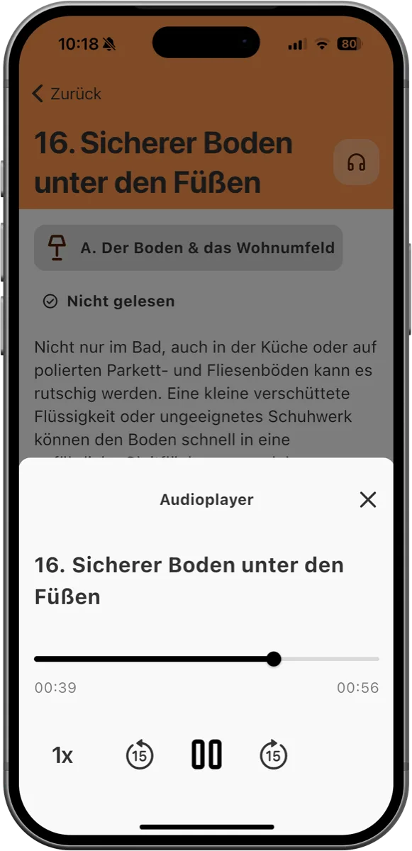 OsteoCoach Wissenslektion „Sicherer Boden unter den Füßen“ mit geöffnetem Audioplayer zum Vorlesen