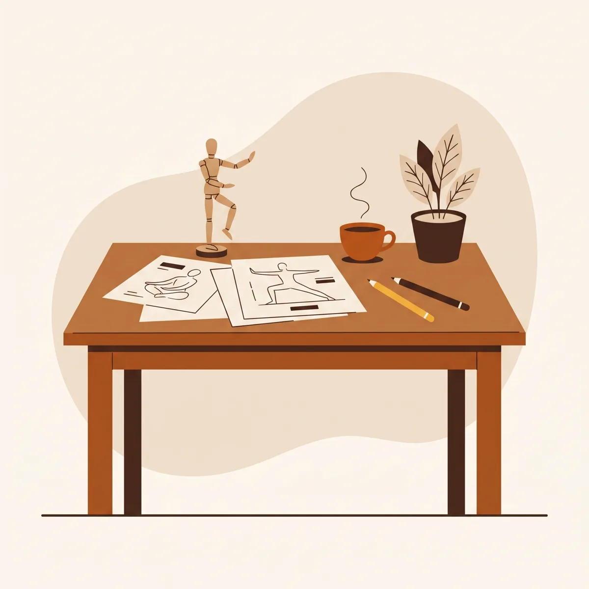 Illustration: Ein Arbeitstisch mit Übungs-Skizzen, einer Gliederfigur in Tai-Chi-Pose und einer Tasse Tee.