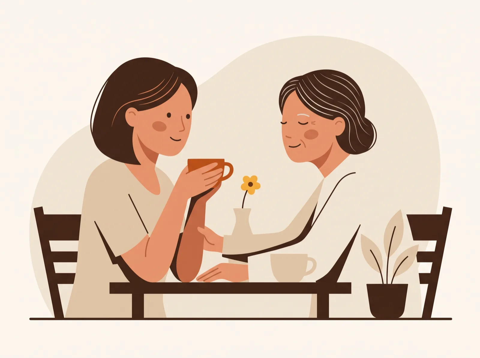 Illustration: Eine erwachsene Tochter und ihre Mutter sitzen einander zugewandt mit Tee am Küchentisch.