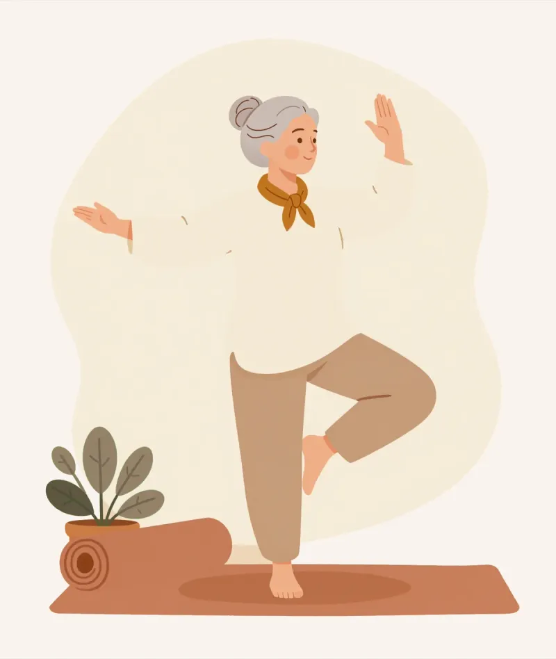 Illustration: Eine Frau um die 70 übt eine ruhige Balance-Übung auf einem Bein, neben ihr eine aufgerollte Übungsmatte