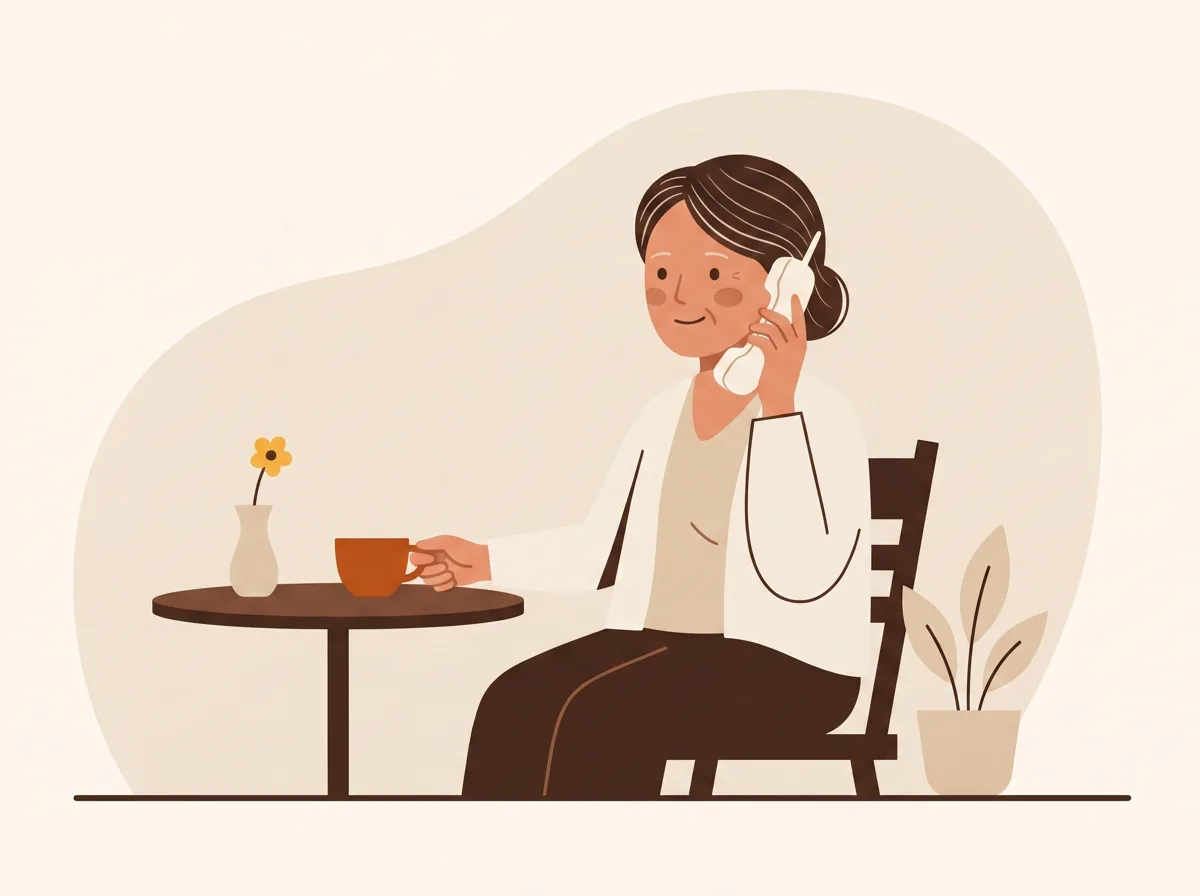 Illustration: Eine Frau sitzt mit Telefonhörer und einer Tasse Tee am Tisch.